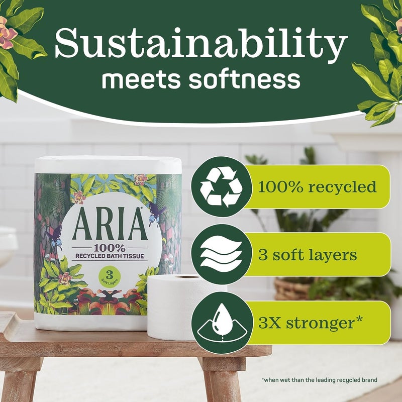 ARIA 100% Recycled Toilet Paper, 24 Rolls, 3-Ply Soft Bath Tissue, Paper Packaging - Image 2